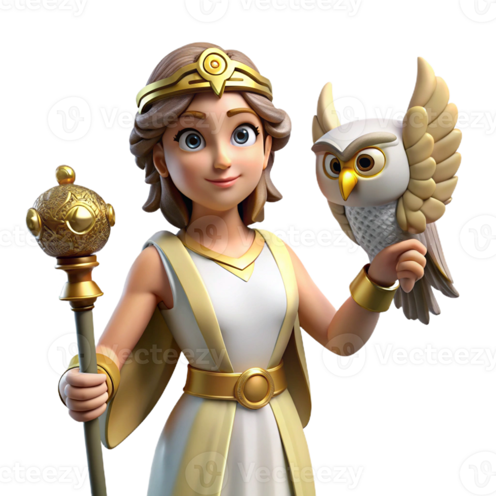 dramatic serene Athena, Goddess of Wisdom, holding owl, with Transparent Background premium png