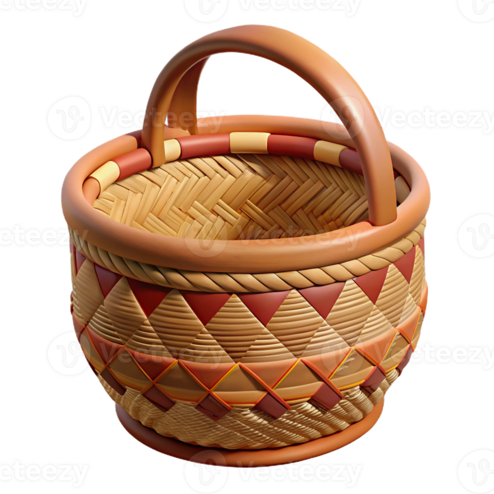 picturesque quintessential Hyper-specific, professional render of a tribal woman's woven reed basket with geometric patterns, isolated cutout with Transparent Background png
