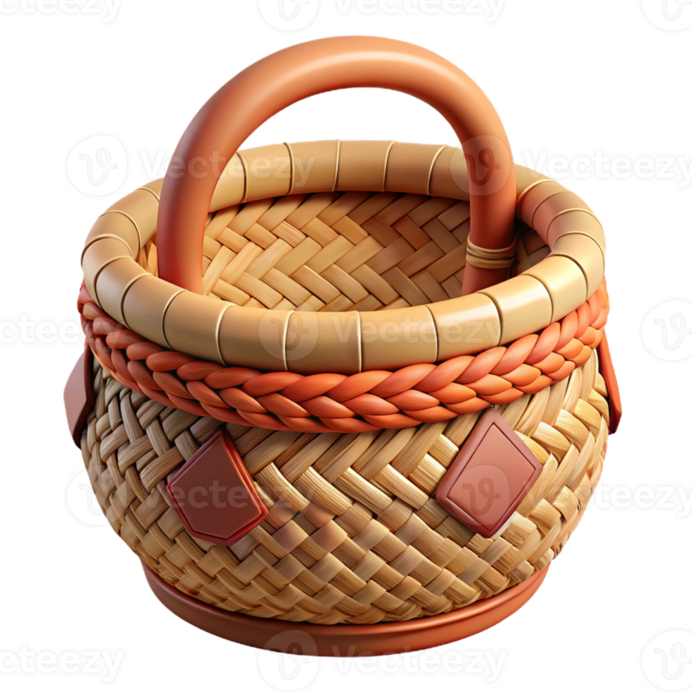 whimsical magnificent Hyper-specific, professional render of a tribal woman's woven reed basket with geometric patterns, isolated cutout with Transparent Background high quality png