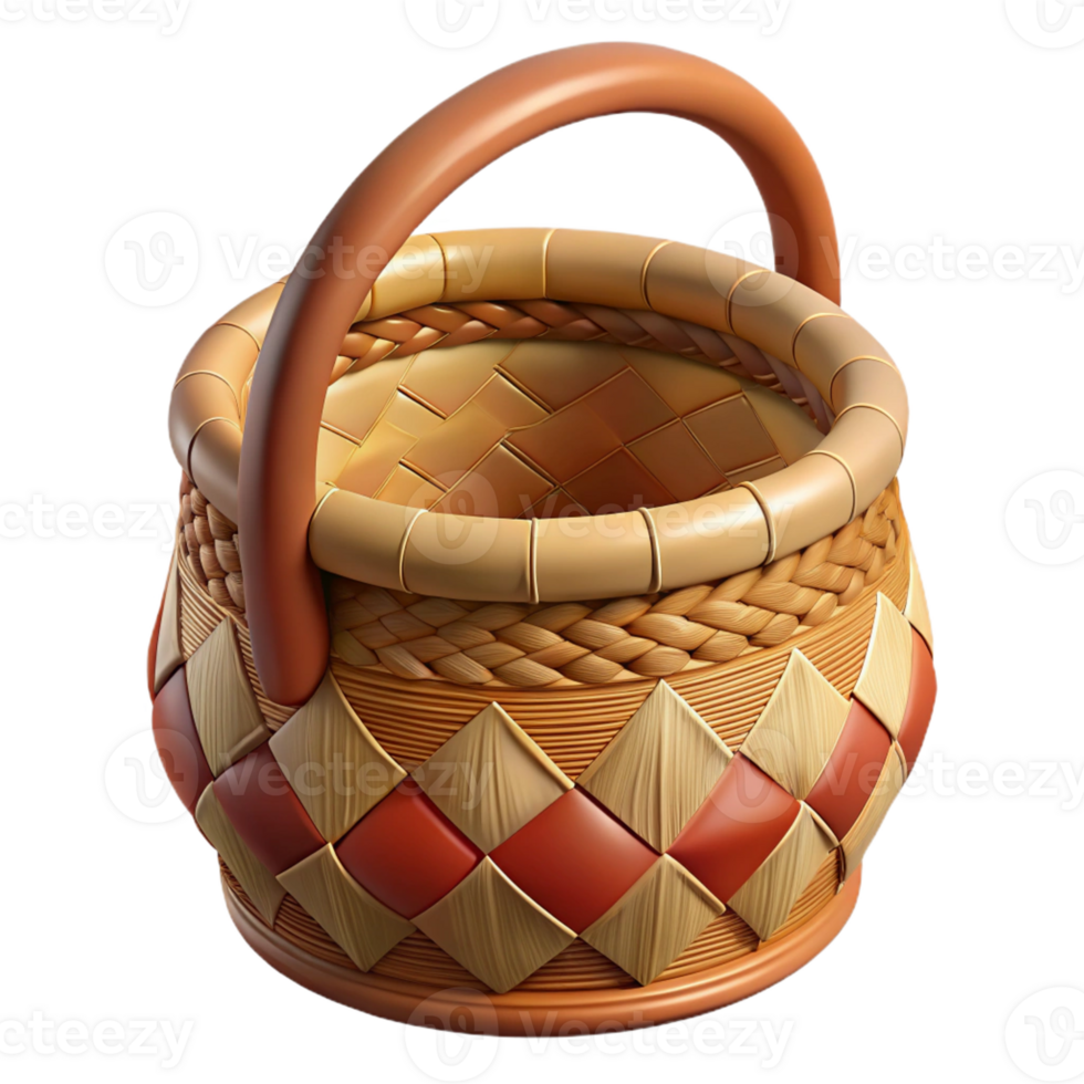 mesmerizing unparalleled Hyper-specific, professional render of a tribal woman's woven reed basket with geometric patterns, isolated cutout with Transparent Background png