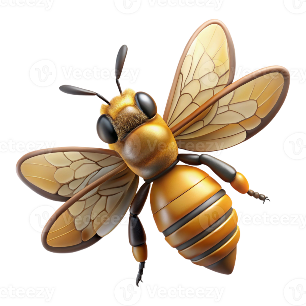 elegant notable Photorealistic hyper-specific image of a single honeybee, wings outstretched, with Transparent Background png
