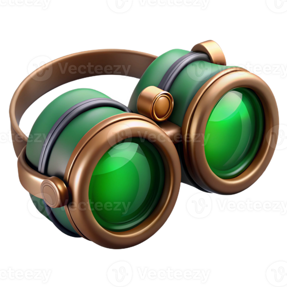 memorable creative Steampunk goggles with green tinted lenses and copper accents with Transparent Background studio quality png