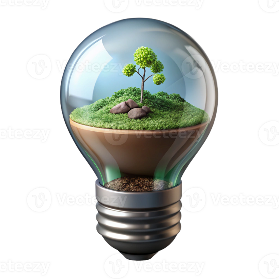 melancholic stunning Ultra-detailed, professional render of a levitating lightbulb containing a miniature ecosystem with Transparent Background luxury png
