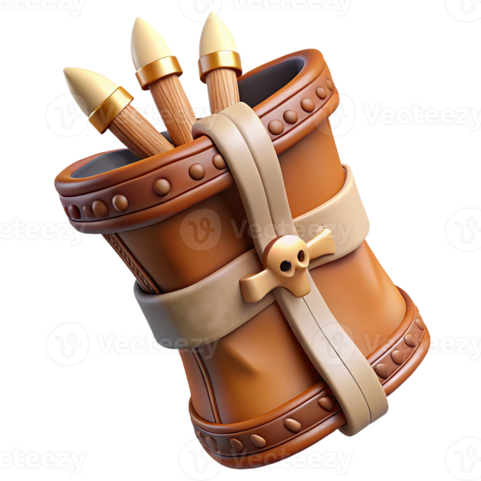 tranquil extraordinary Ultra-detailed, photorealistic isolated cutout of a tribal hunter's handcrafted leather quiver with bone and wood details with Transparent Background elite png