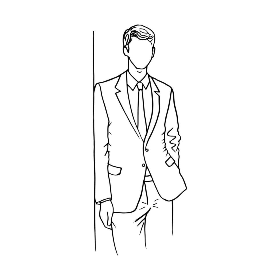 man in suit leaning shoulder against wall other hand in pocket, faceless portrait - hand drawn line art illustration. businessman, male model in suit vector