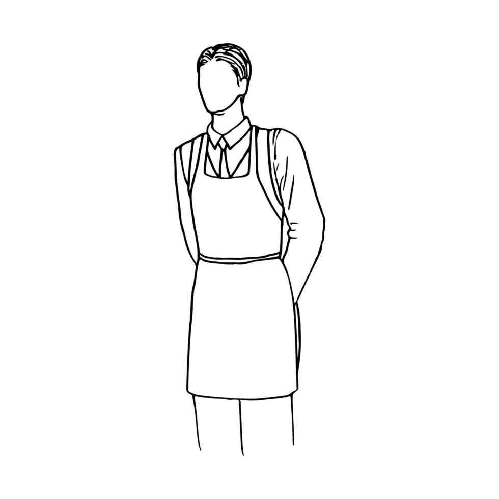 male slim tall handsome waiter in apron standing with hands behind back standing straight, portrait half faceless - hand drawn line art illustration vector