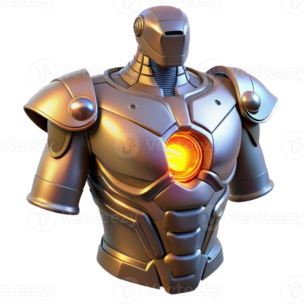 gorgeous vintage Robot torso, metallic chest plate, glowing core with Transparent Background fine detail png