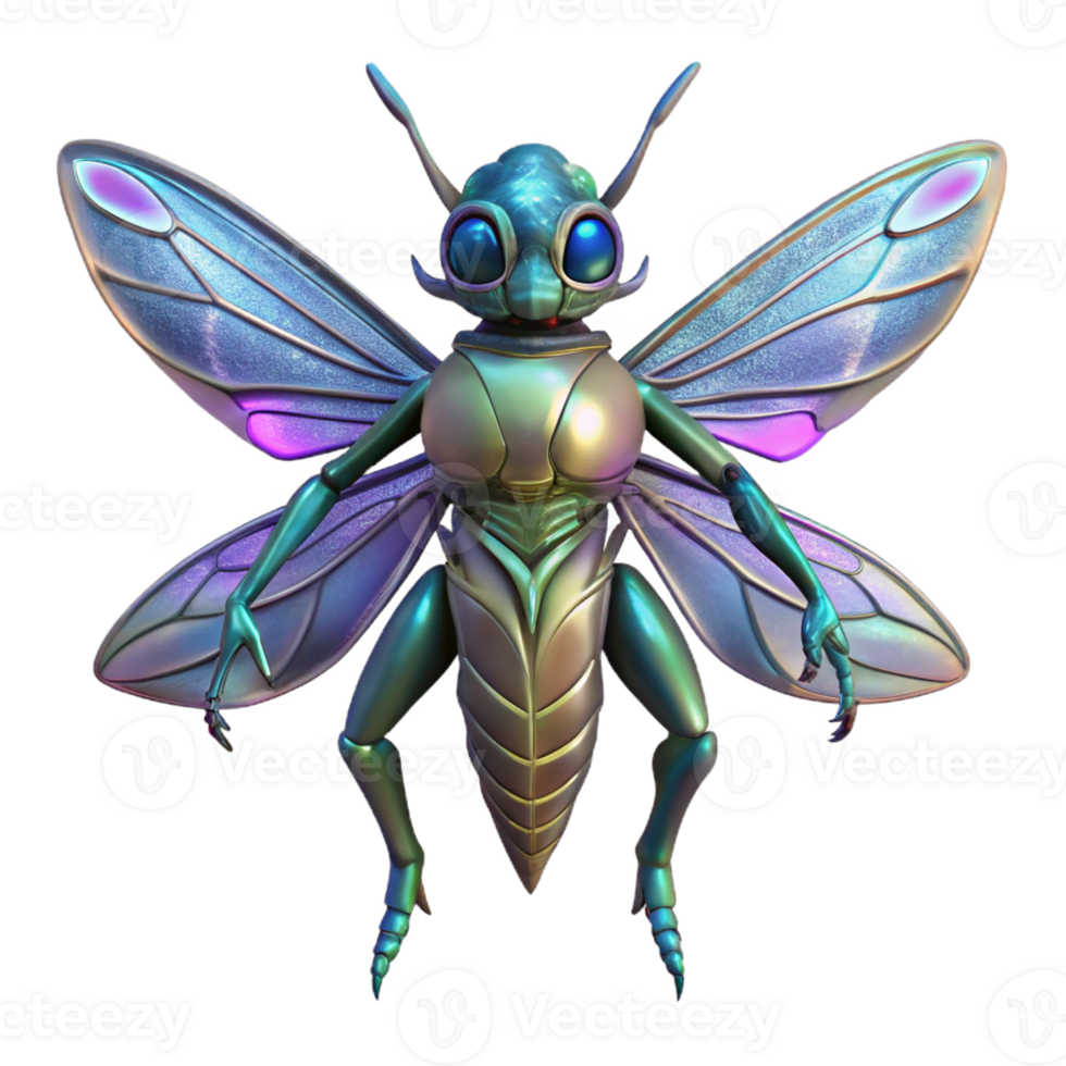 intense stunning Alien insect with chitinous armor and iridescent wings with Transparent Background crisp png