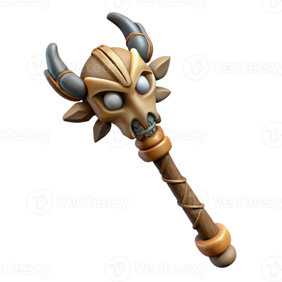 pristine distinguished Hyper-specific, professional render of a tribal elder's weathered wooden staff with carved animal totems with Transparent Background png