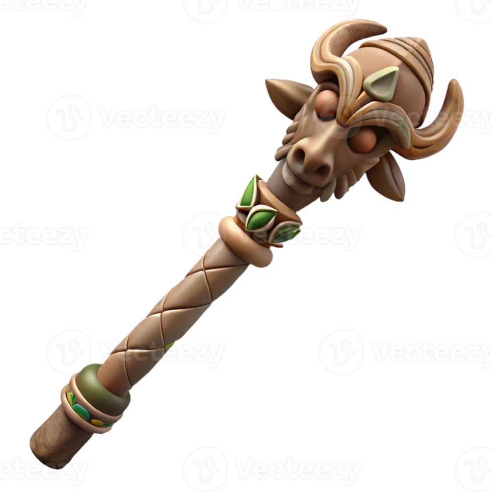 serene mysterious art deco Hyper-specific, professional render of a tribal elder's weathered wooden staff with carved animal totems with Transparent Background museum quality png