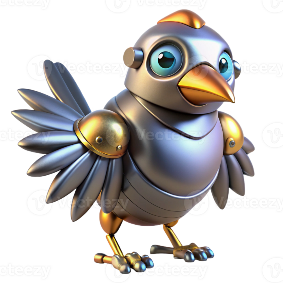 harmonious impressive Robot bird, metallic feathers, glowing eyes with Transparent Background impeccable png