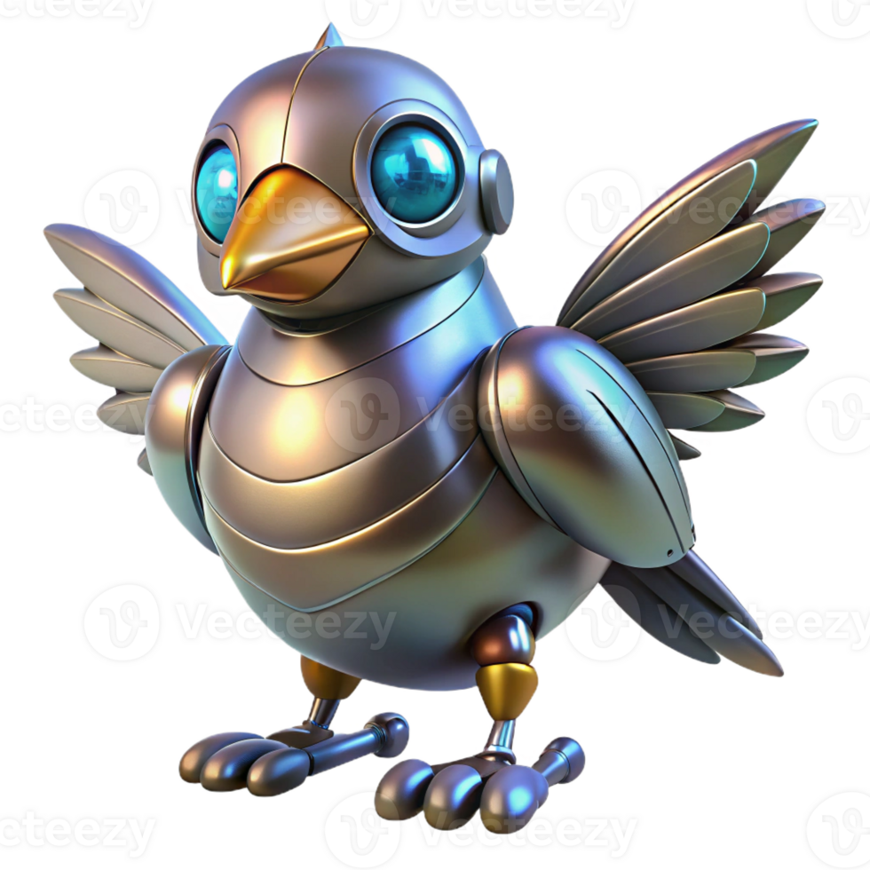 hypnotic modern Robot bird, metallic feathers, glowing eyes with Transparent Background top-tier png