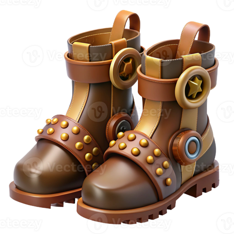 melancholic enchanting Steampunk boots with buckles, gears, and leather straps with Transparent Background impeccable png