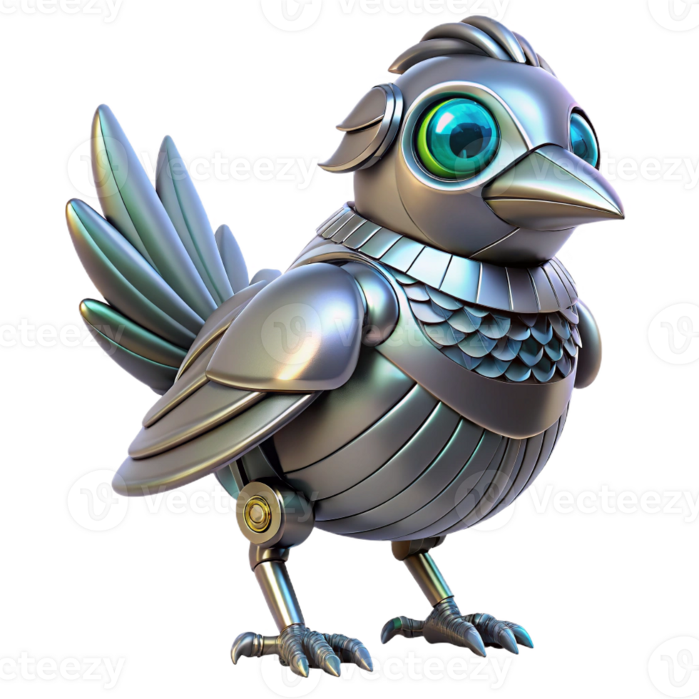 magnificent acclaimed Robot bird, metallic feathers, glowing eyes with Transparent Background png