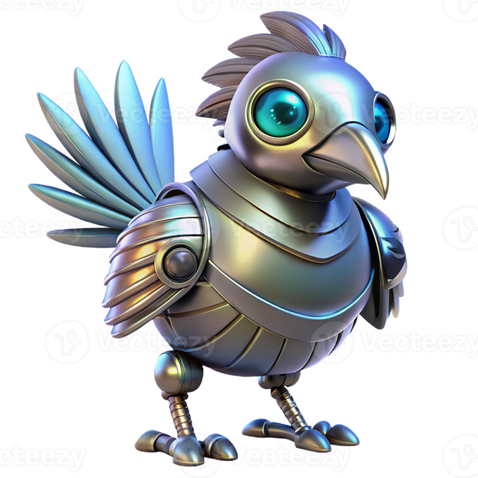 remarkable elegant Robot bird, metallic feathers, glowing eyes with Transparent Background high resolution png