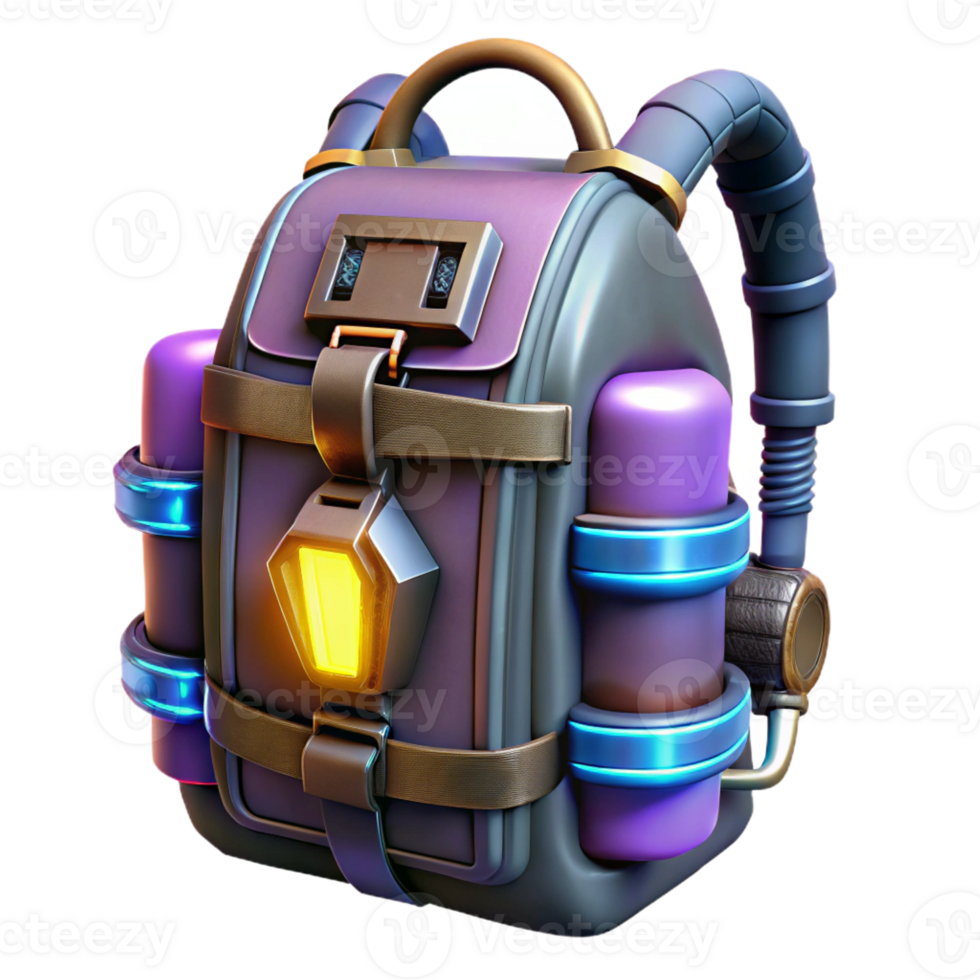 standout bohemian Cyberpunk backpack, armored plating, glowing tubes with Transparent Background top-tier png