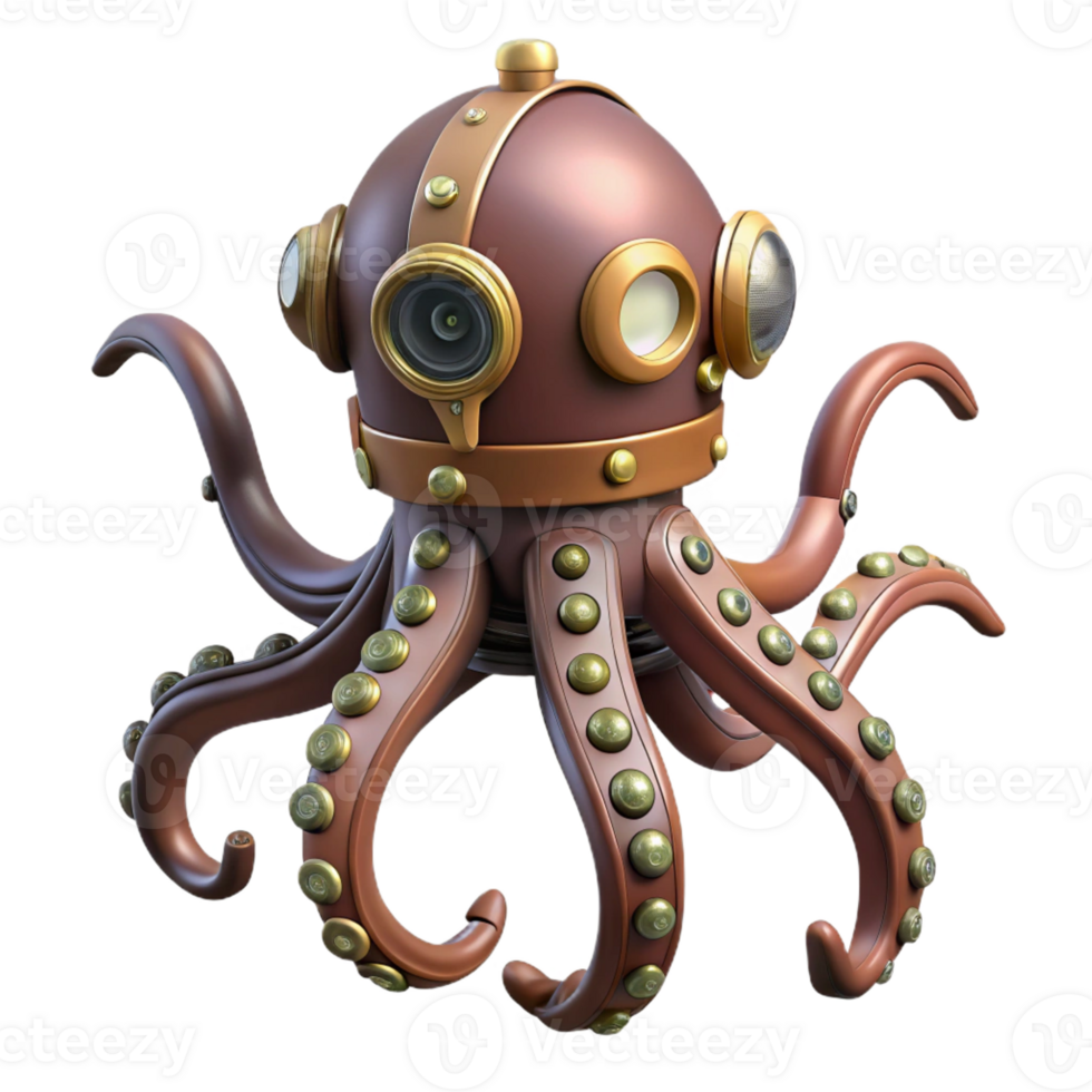 hypnotic tropical Steampunk octopus automaton with articulated tentacles with Transparent Background perfect clarity png