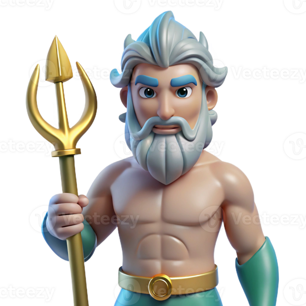 vibrant inspired Poseidon, God of the Sea, holding trident, with Transparent Background png