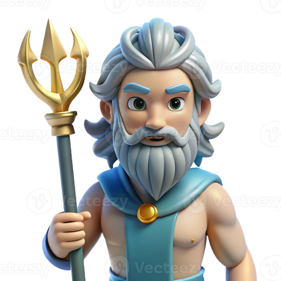 wonderful art deco Poseidon, God of the Sea, holding trident, with Transparent Background high quality png