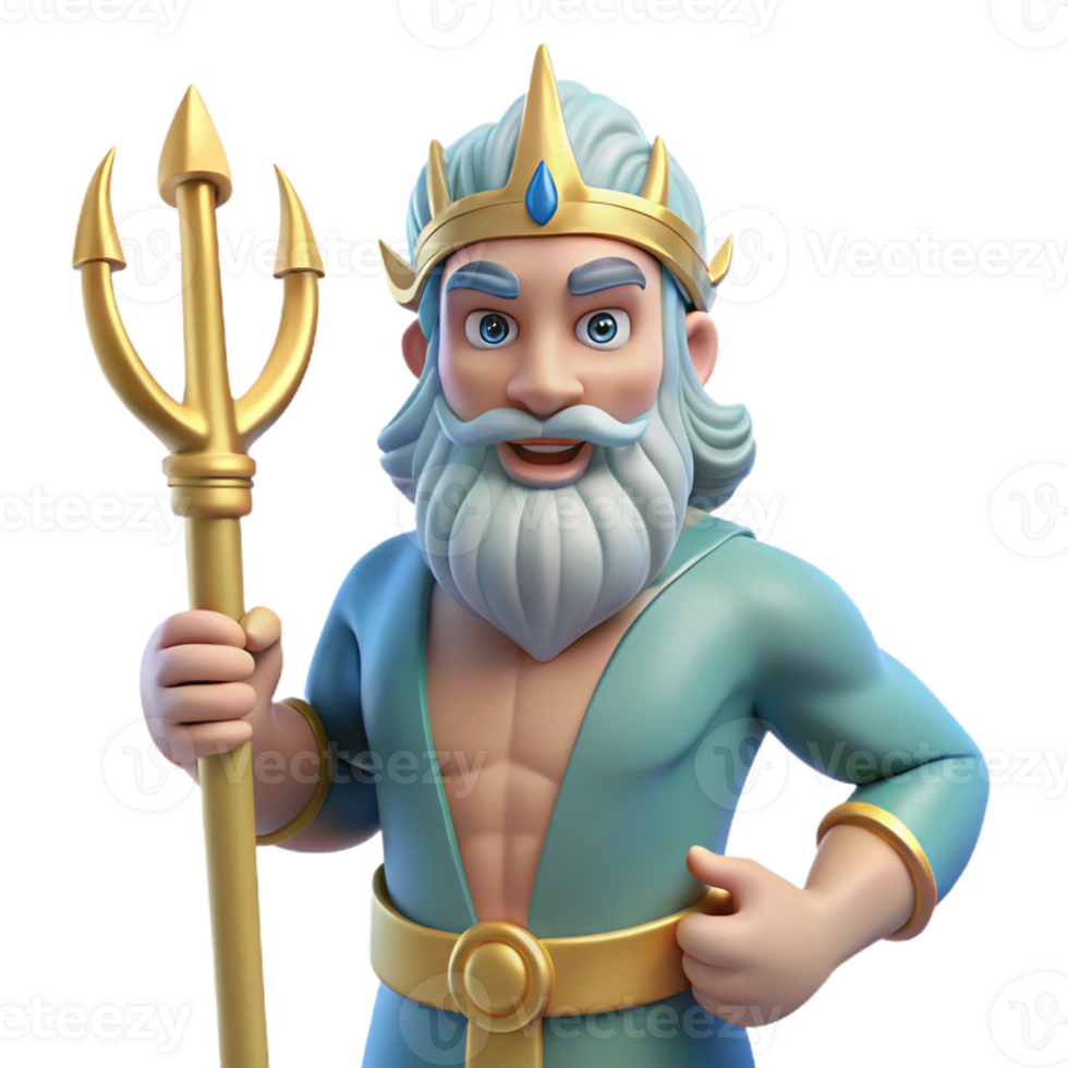 picturesque playful renaissance Poseidon, God of the Sea, holding trident, with Transparent Background high resolution png