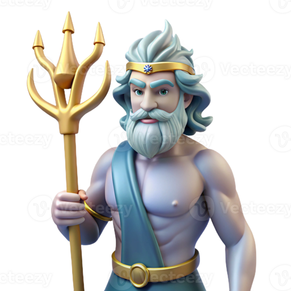 wonderful art deco Poseidon, God of the Sea, holding trident, with Transparent Background 8K png