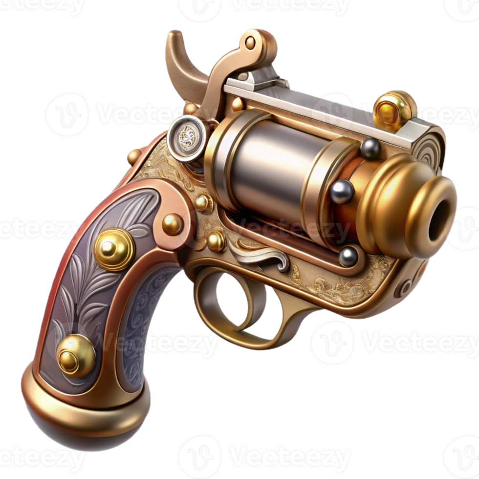 exquisite surreal Steampunk pistol with ornate engravings and pearl grips with Transparent Background detailed png