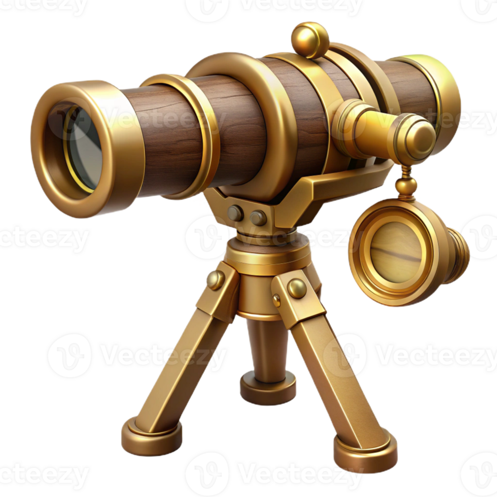 mesmerizing celebrated Steampunk telescope with brass lenses and a wooden tripod mount tripod not shown with Transparent Background png