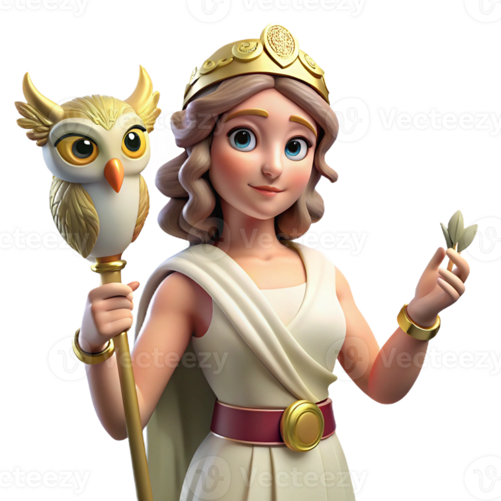 picturesque acclaimed Athena, Goddess of Wisdom, holding owl, with Transparent Background png