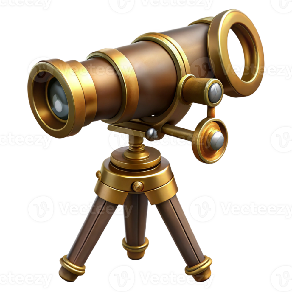 impressive whimsical urban Steampunk telescope with brass lenses and a wooden tripod mount tripod not shown with Transparent Background 4K png