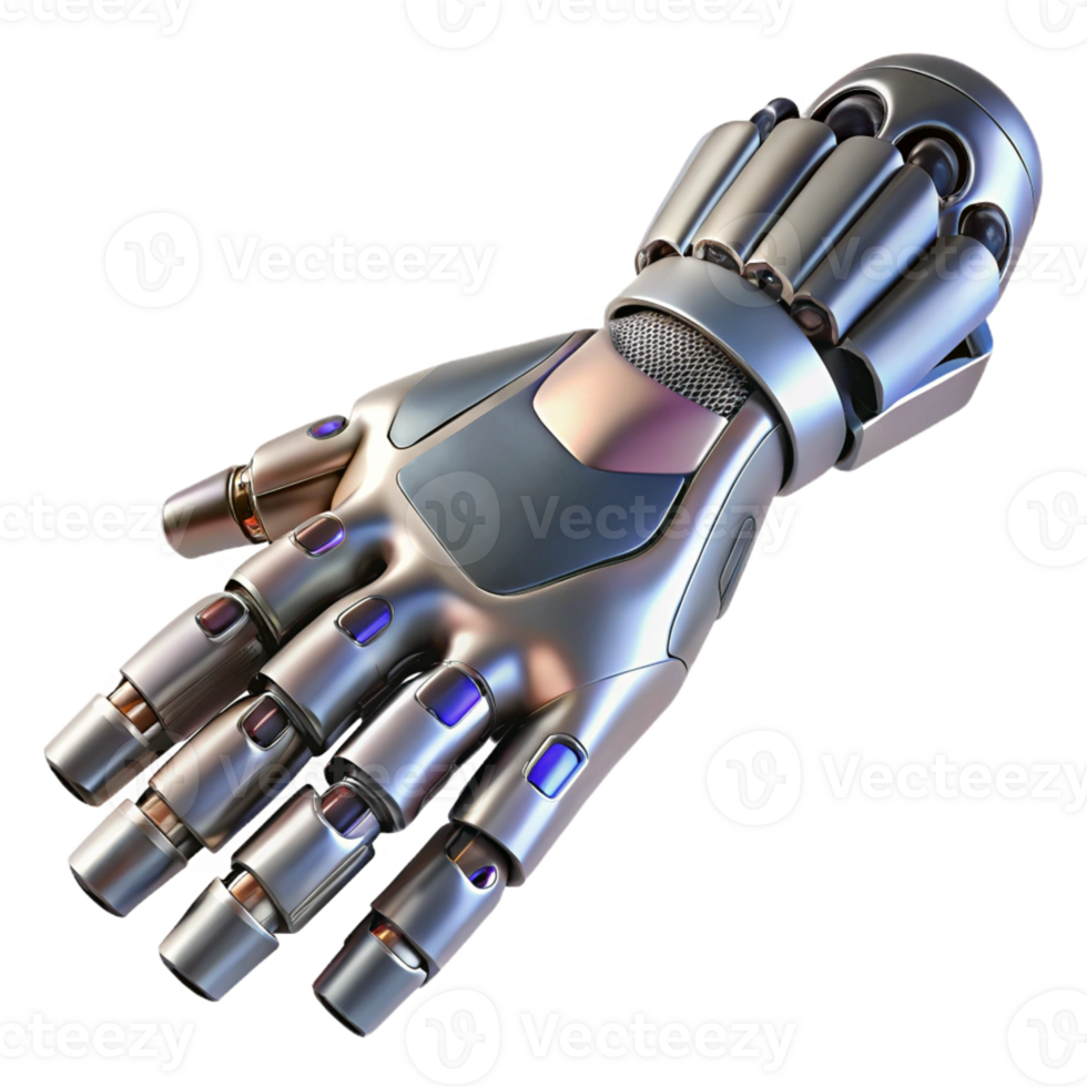iconic abstract Photorealistic, ultra-detailed, hyper-specific professional render of a futuristic cybernetic prosthetic arm, isolated cutout with Transparent Background museum quality png