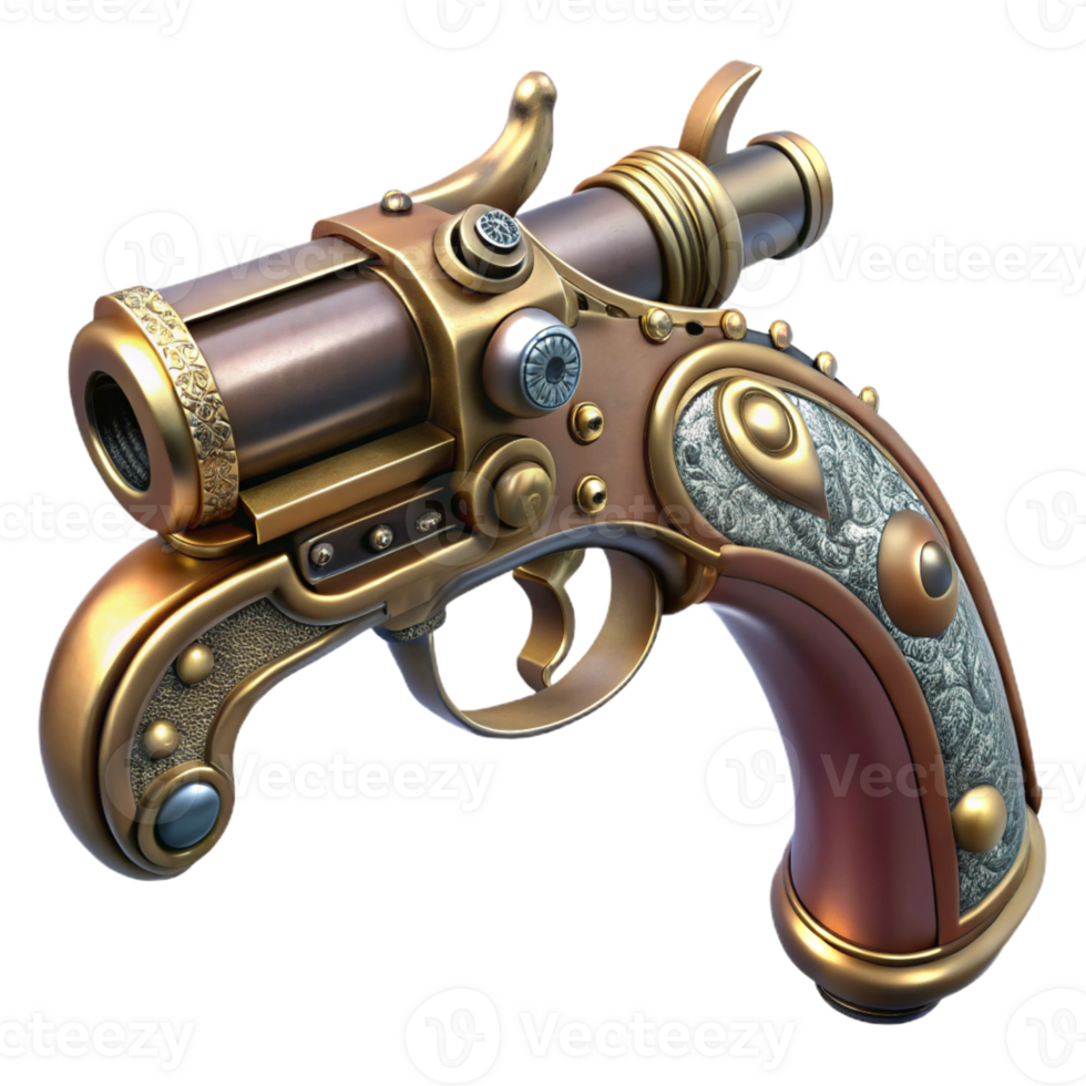 melancholic vibrant Steampunk pistol with ornate engravings and pearl grips with Transparent Background refined png