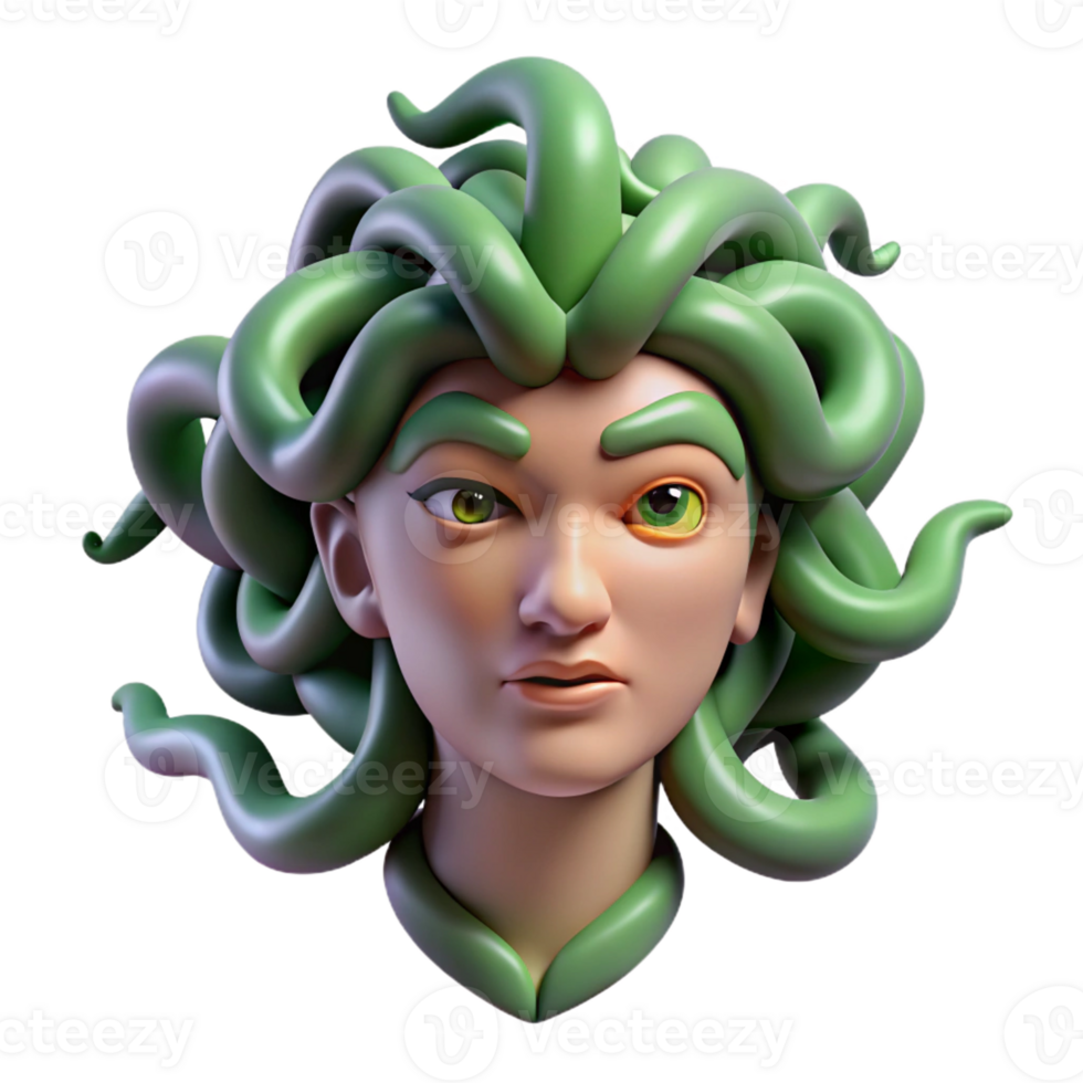 extraordinary organic Photorealistic concept art style render of a single Medusa head, snakes writhing, isolated cutout with Transparent Background artisan png