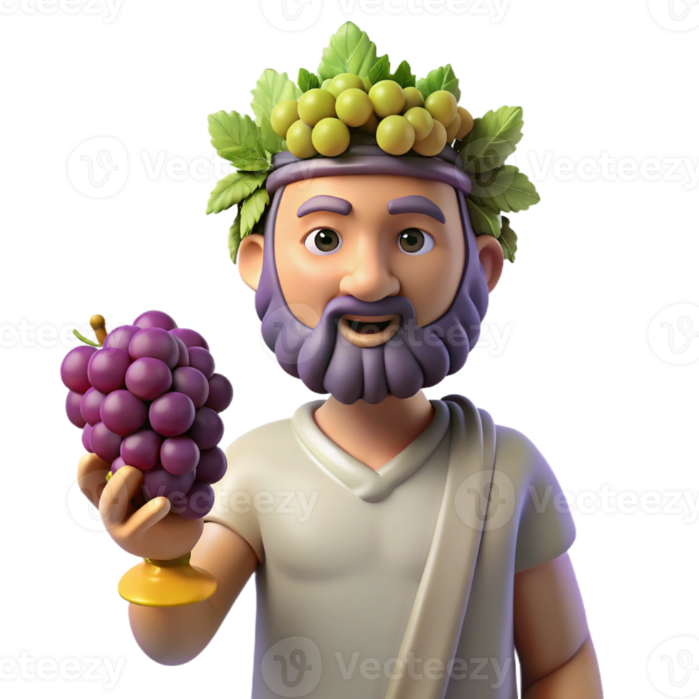 immaculate whimsical elegant Dionysus, God of Wine, holding grapes, with Transparent Background 4K png