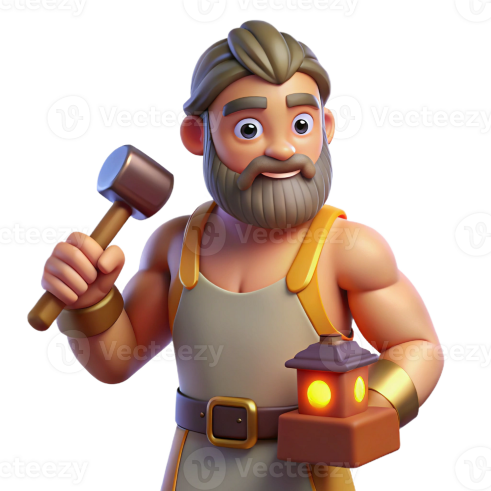passionate gorgeous Hephaestus, God of the Forge, holding hammer, with Transparent Background premium png