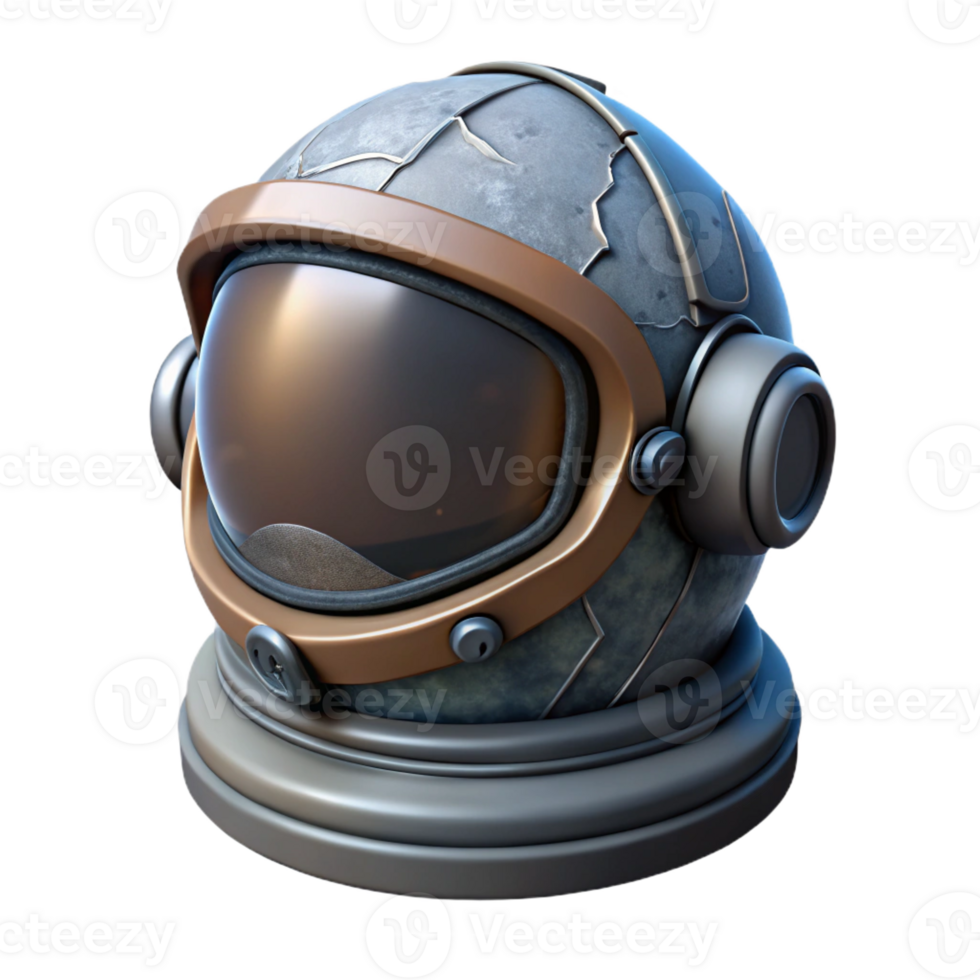 hypnotic whimsical art deco Concept art style, isolated cutout of a weathered, dented astronaut helmet with a cracked visor with Transparent Background top-tier png