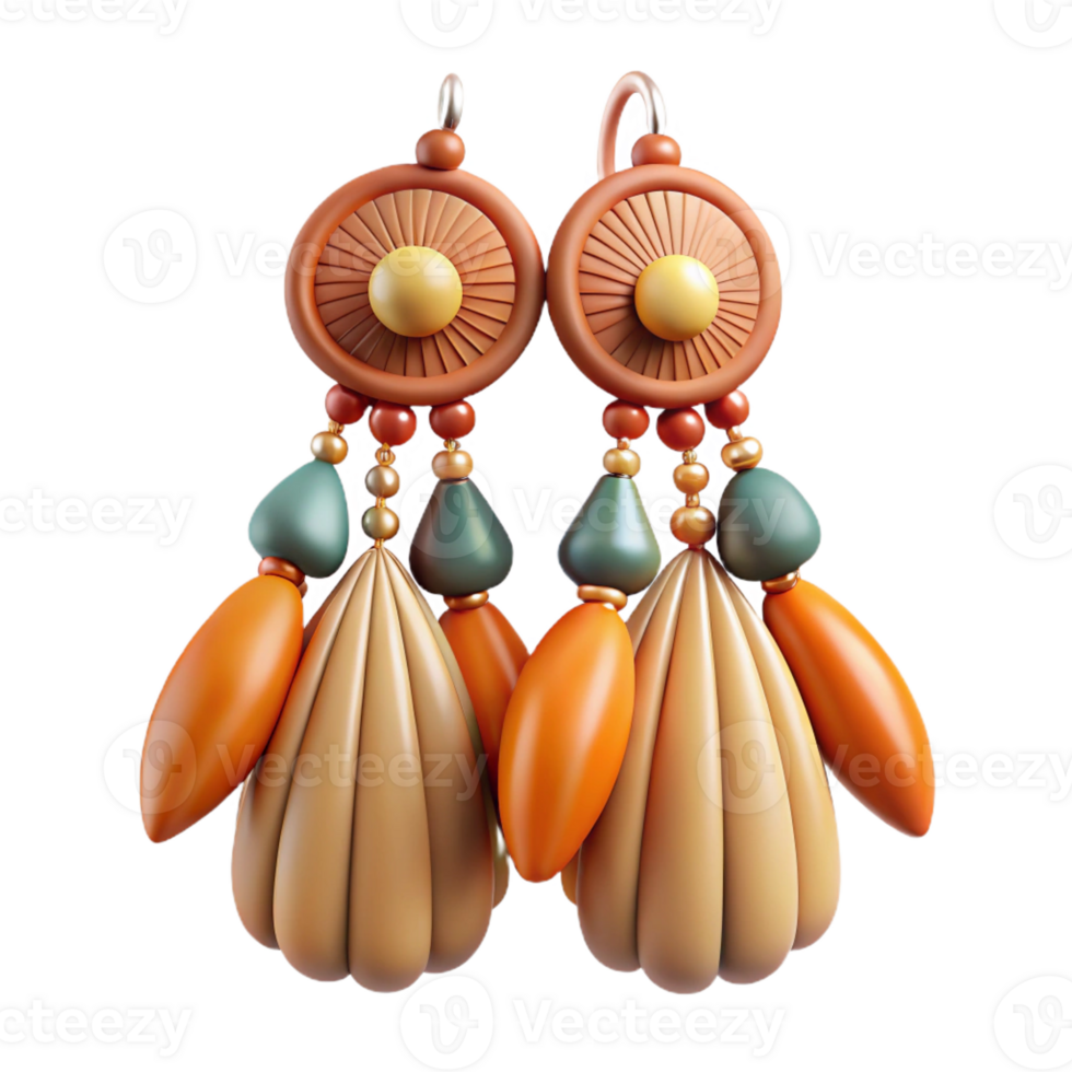 elegant reflective impressionist Ultra-detailed, photorealistic isolated cutout of a tribal woman's beaded earrings with shell and feather pendants with Transparent Background detailed png