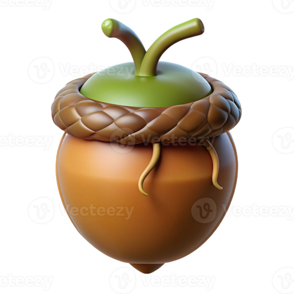 immaculate timeless Photorealistic, ultra-detailed professional render of a single, sprouting acorn with visible root tendrils Isolated cutout with Transparent Background png