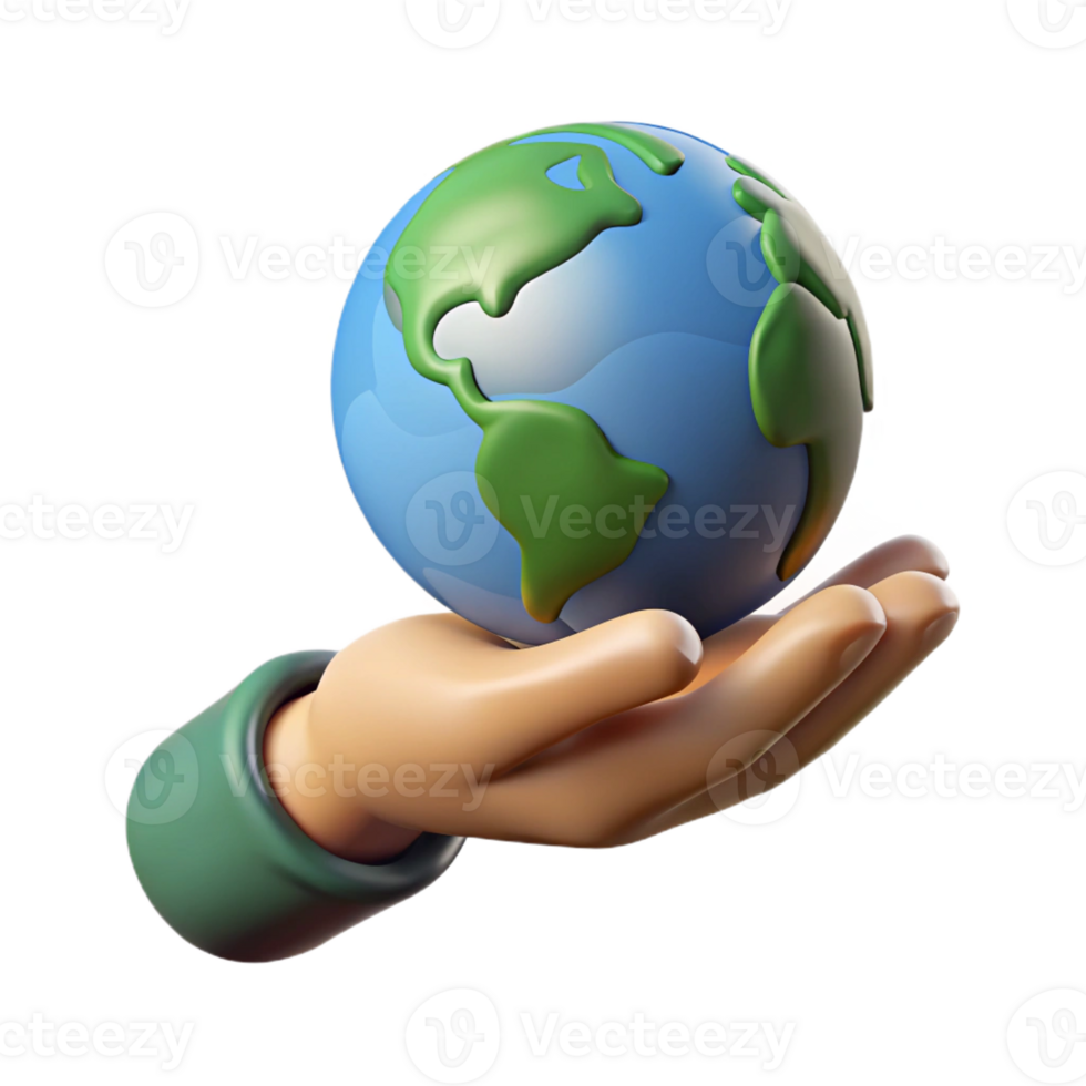 impressive tropical Concept art style, isolated cutout of a single human hand holding a miniature planet Earth with Transparent Background flawless png