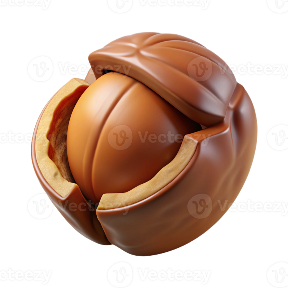 glorious impressionist Isolated cutout, concept art style, hyper-specific rendering of a single, cracked walnut shell revealing the nut inside with Transparent Background masterfully captured png