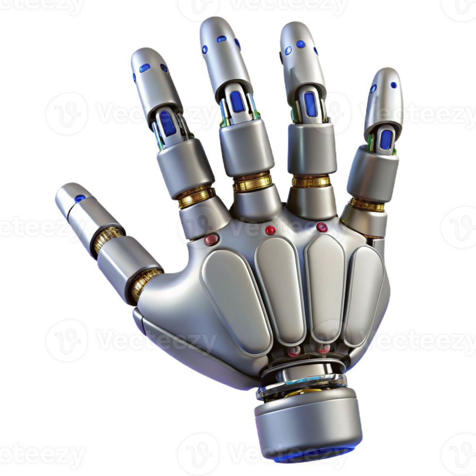 intense dazzling Ultra-detailed, photorealistic isolated cutout of a single, articulated robotic hand with intricate wiring with Transparent Background sharp png