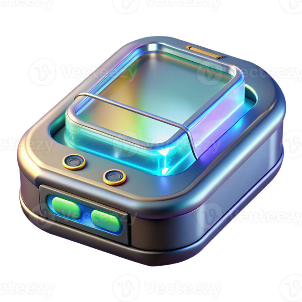 exquisite timeless Hyper-specific, professional render of a futuristic, sleek communication device with holographic display with Transparent Background png