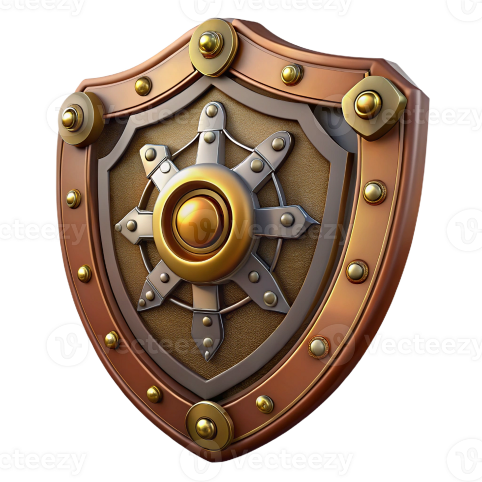 dazzling classic Steampunk shield with intricate metalwork and a central emblem with Transparent Background impeccable png
