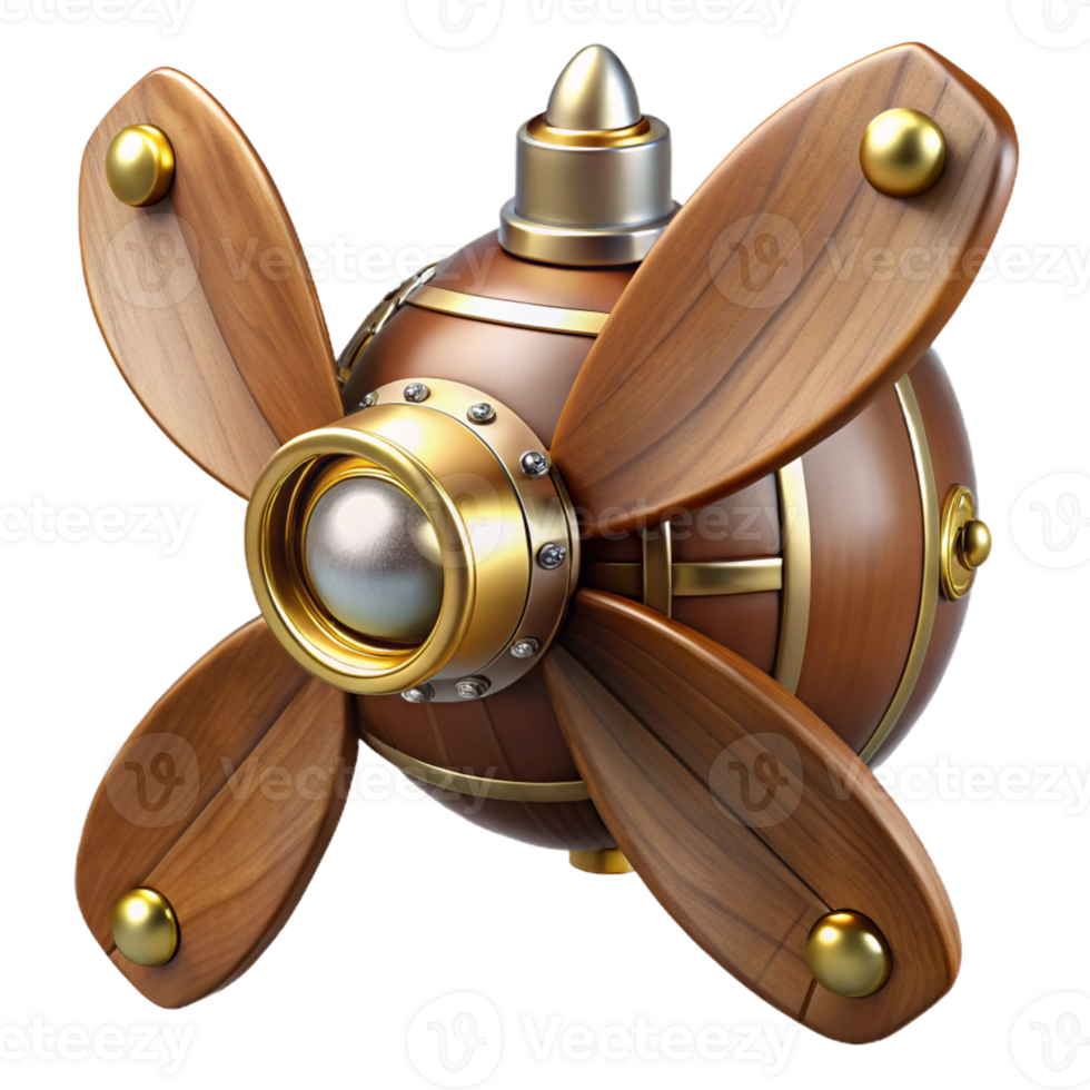 impressive abstract Steampunk airship propeller made of polished wood and brass with Transparent Background museum quality png