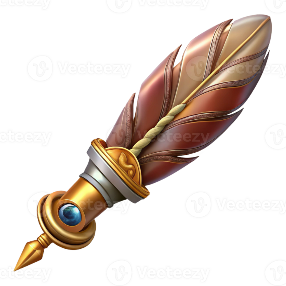 majestic dynamic geometric Steampunk quill pen with a brass nib and intricate engravings with Transparent Background museum quality png