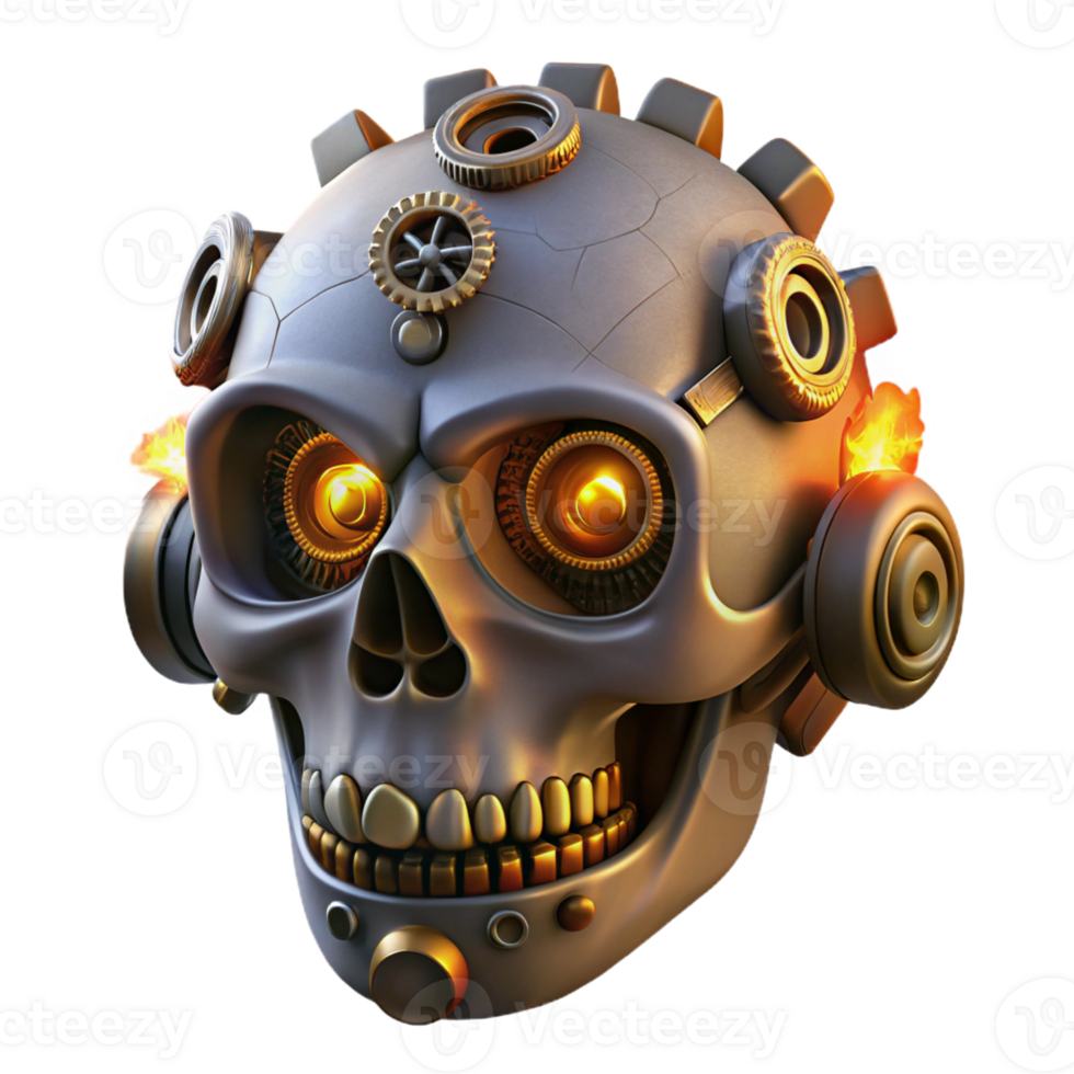majestic abstract Steampunk skull with gears, pipes, and glowing embers with Transparent Background 8K png