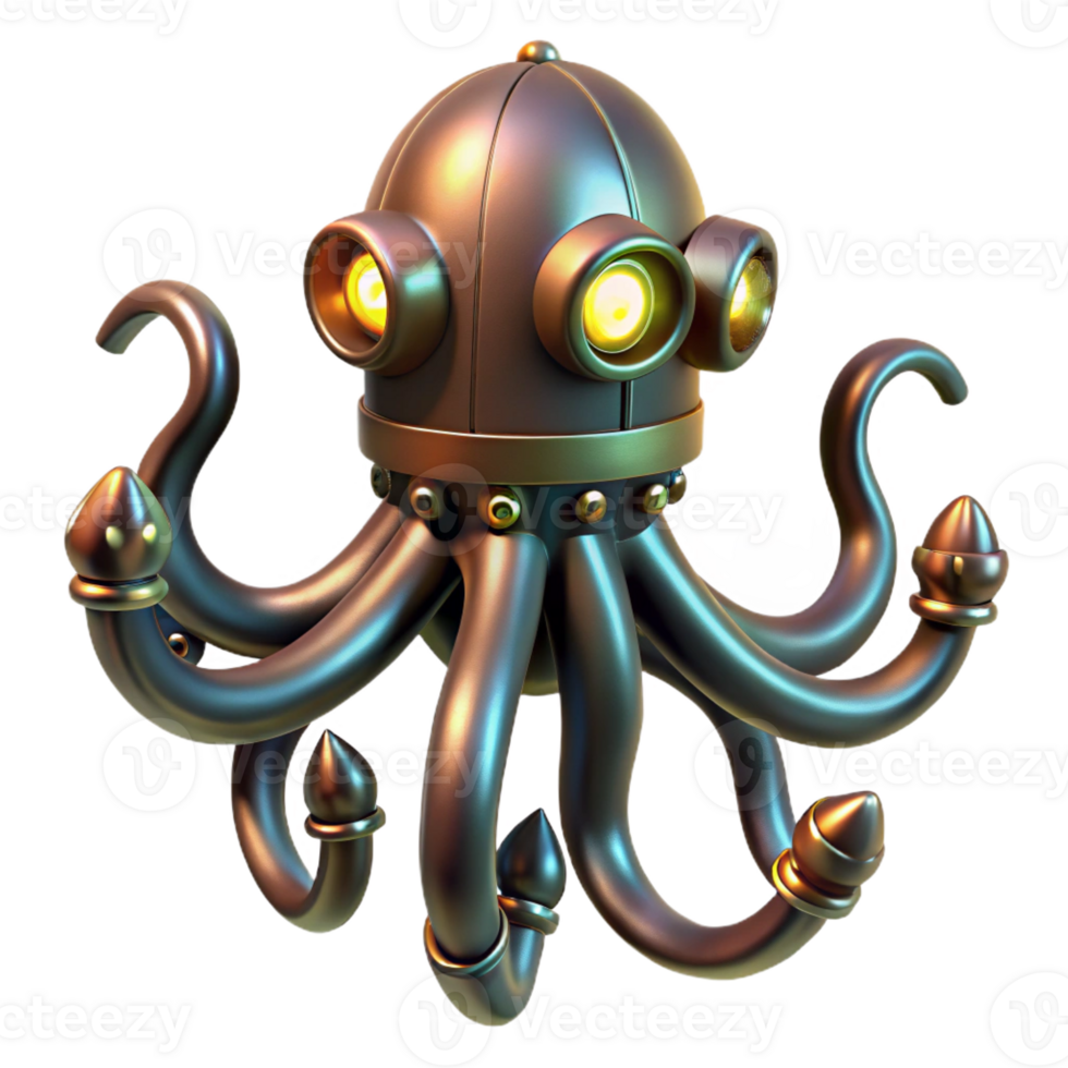 distinguished rustic Steampunk octopus with metal tentacles and glowing suckers with Transparent Background 4K png
