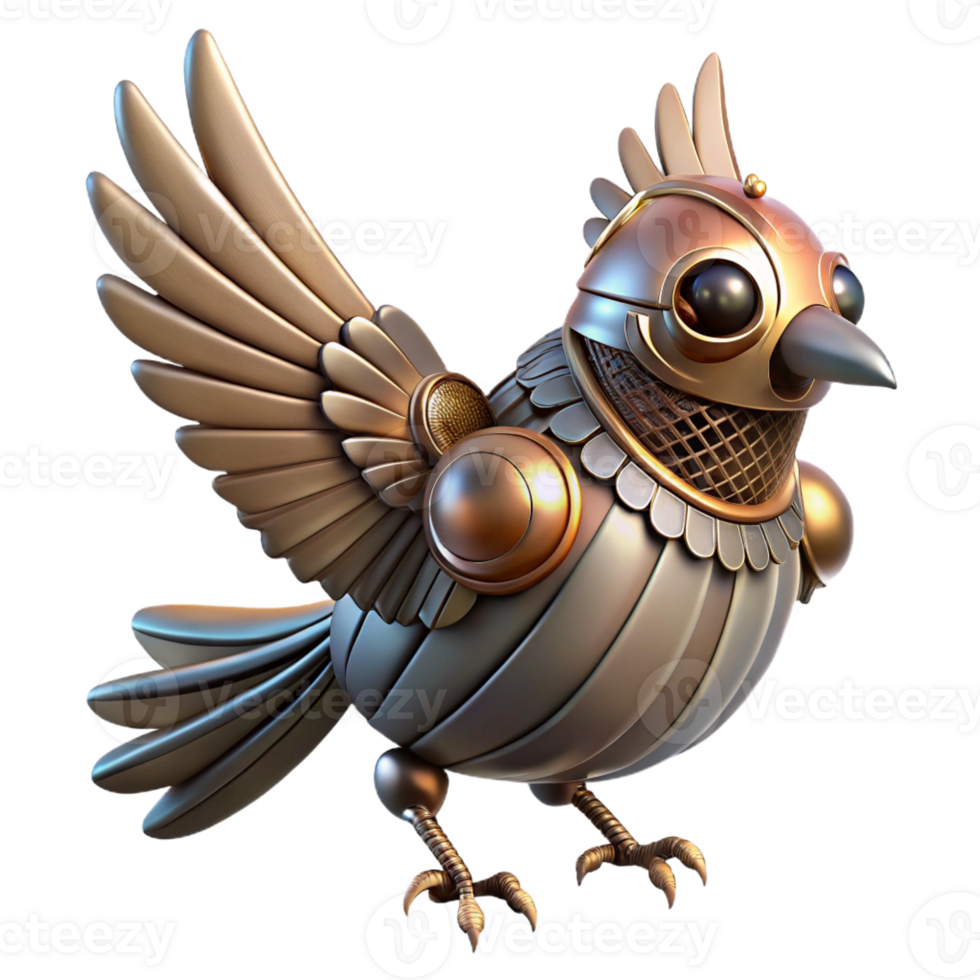glorious organic Steampunk bird with metal feathers and clockwork wings with Transparent Background top-tier png