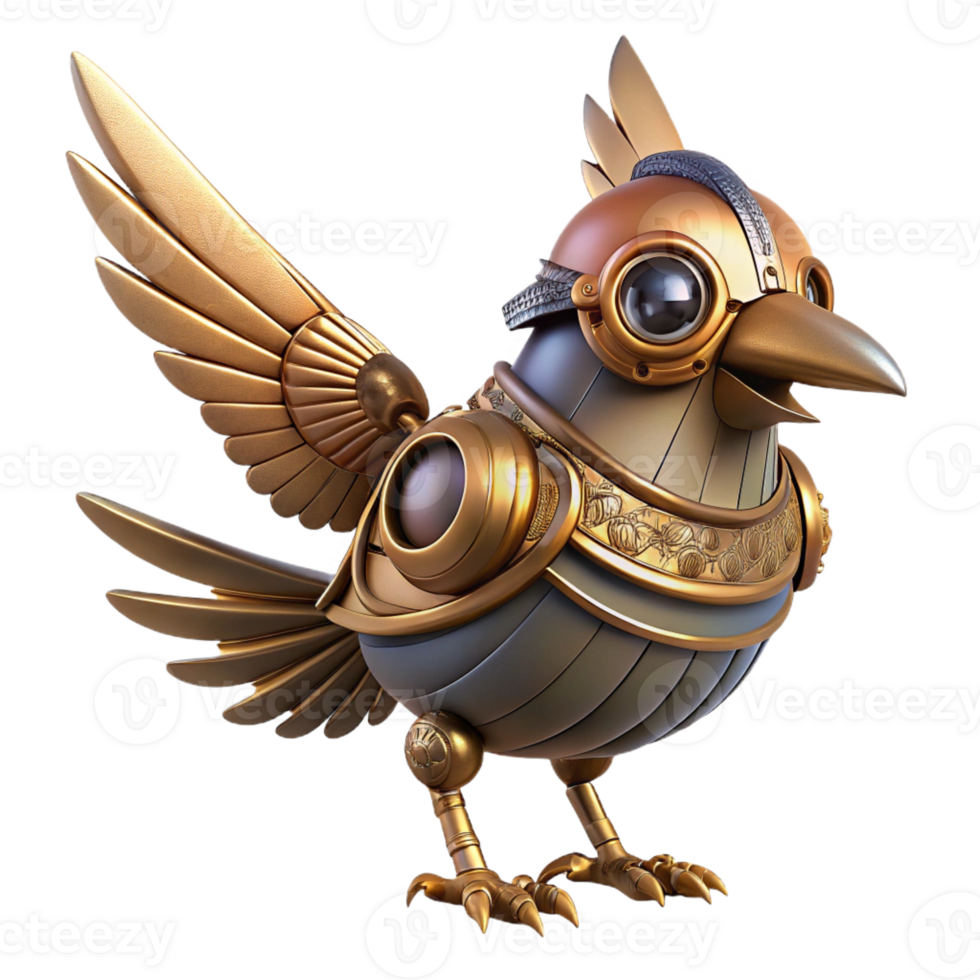 ethereal fascinating Steampunk bird with metal feathers and clockwork wings with Transparent Background luxury png
