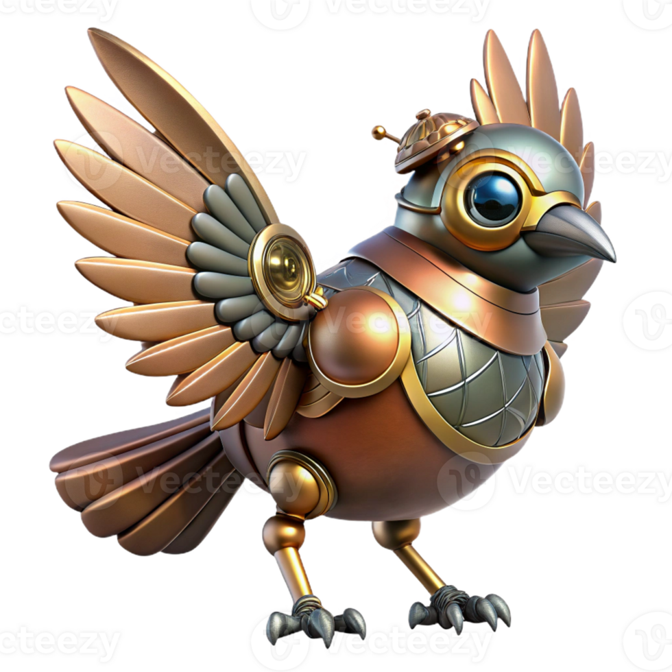 immaculate classic Steampunk bird with metal feathers and clockwork wings with Transparent Background ultra HD png