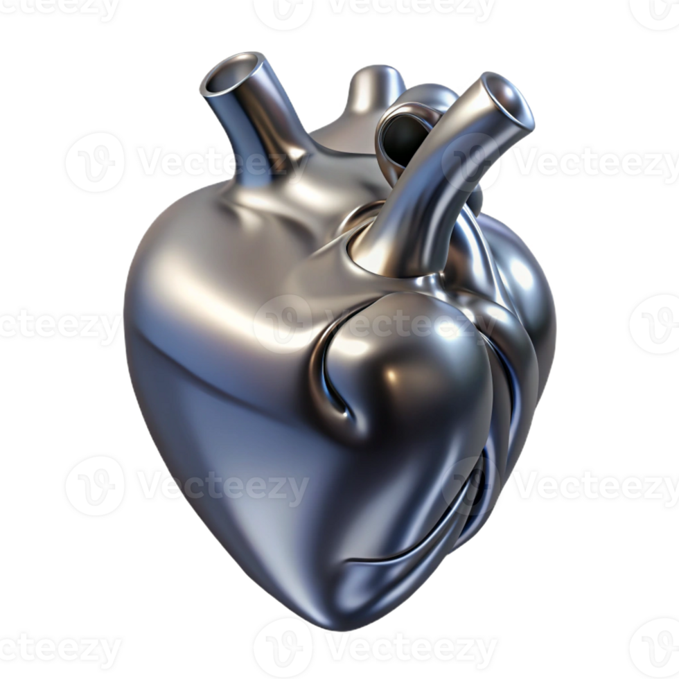 distinctive geometric A single, stylized human heart made of liquid metal with Transparent Background detailed png